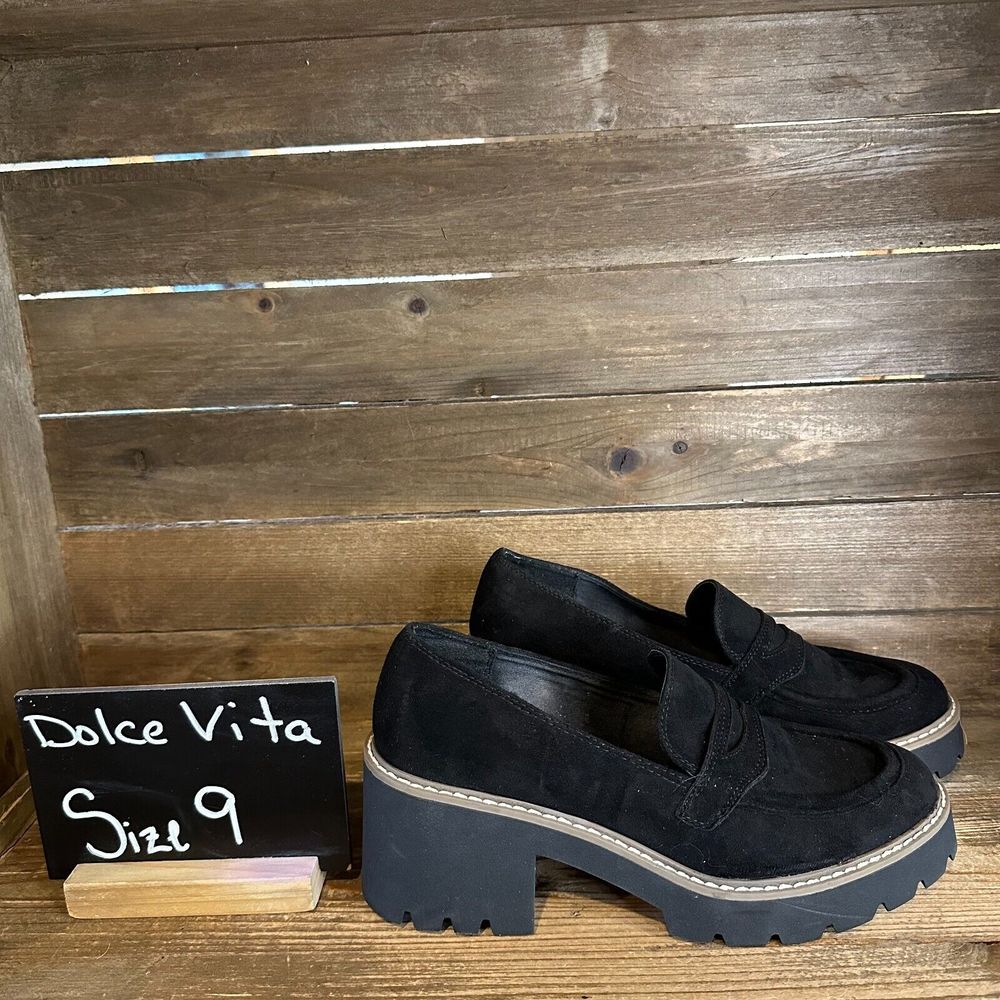New Womens Dolce Vita Temecula Black Suede Platform Heeled Loafers Size 9 M